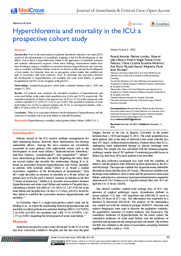 (PDF) Hyperchloremia and mortality in the ICU: a prospective cohort study