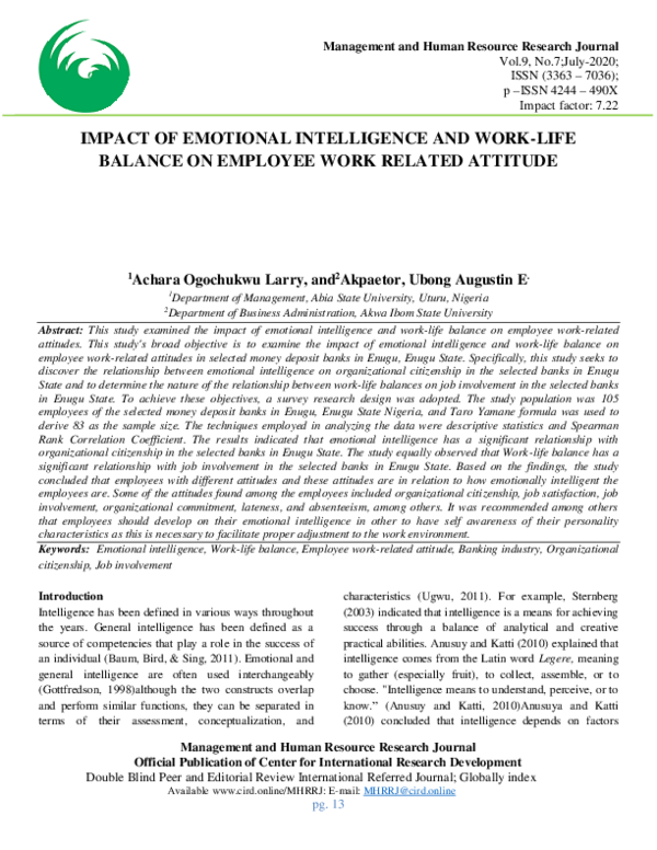 (PDF) IMPACT OF EMOTIONAL INTELLIGENCE AND WORK-LIFE BALANCE ON ...