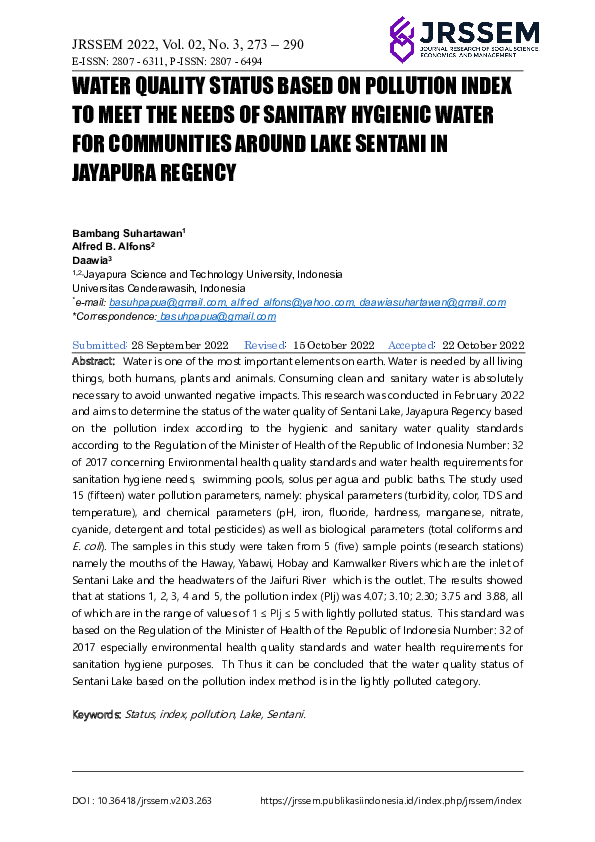 (PDF) Water Quality Status Based on Pollution Index to Meet The Needs ...