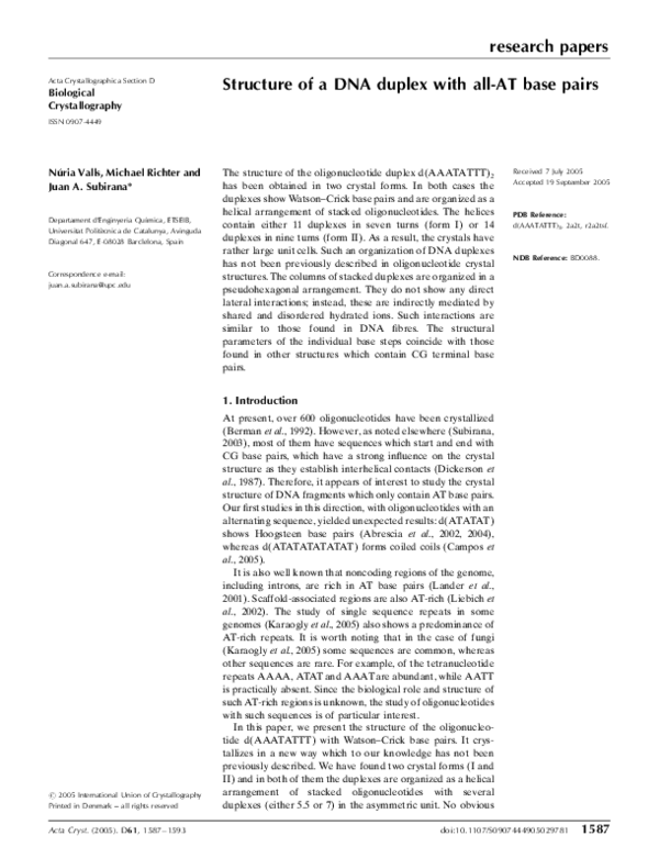(PDF) Structure of a DNA duplex with all-AT base pairs
