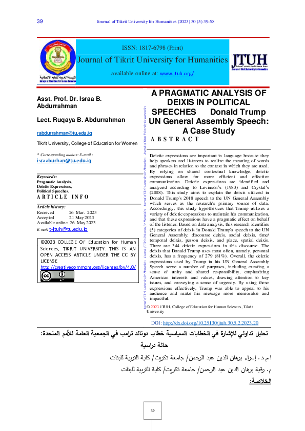 (PDF) A PRAGMATIC ANALYSIS OF DEIXIS IN POLITICAL SPEECHES Donald Trump ...