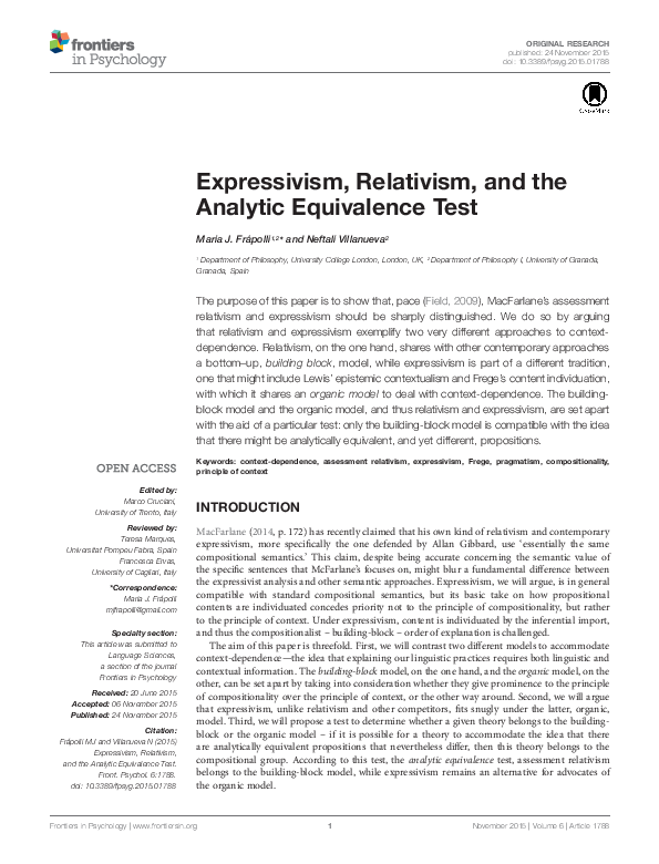 (PDF) Expressivism, Relativism, and the Analytic Equivalence Test