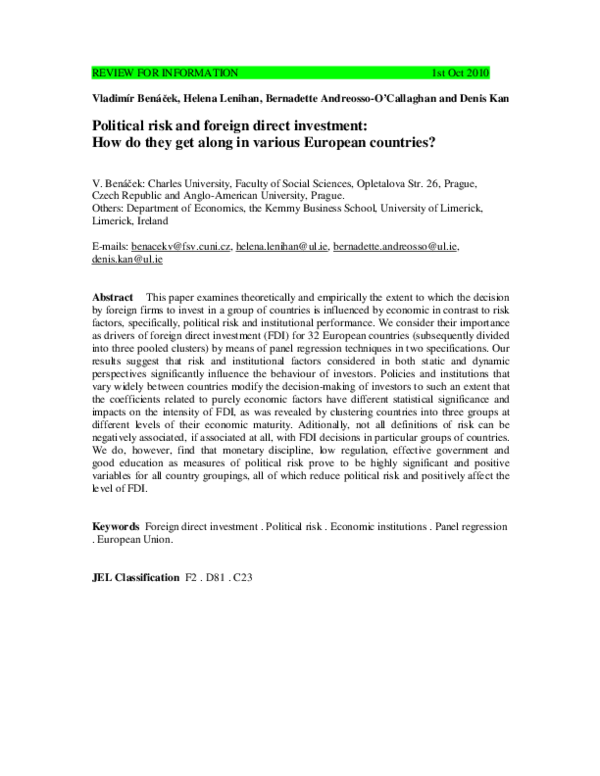 (PDF) REVIEW FOR INFORMATION Political risk and foreign direct ...
