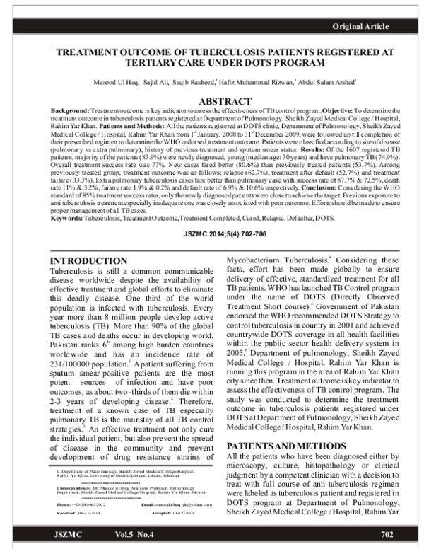 (PDF) Treatment Outcome of Tuberculosis Patients Registered at Tertiary ...
