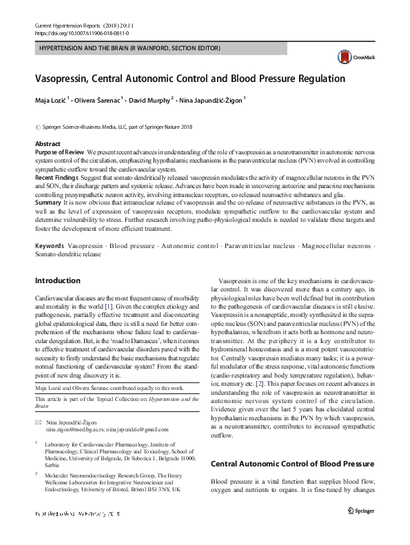 (PDF) Vasopressin, Central Autonomic Control and Blood Pressure Regulation