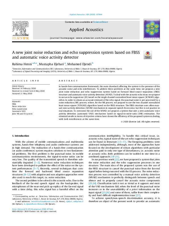 (PDF) A new joint noise reduction and echo suppression system based on ...