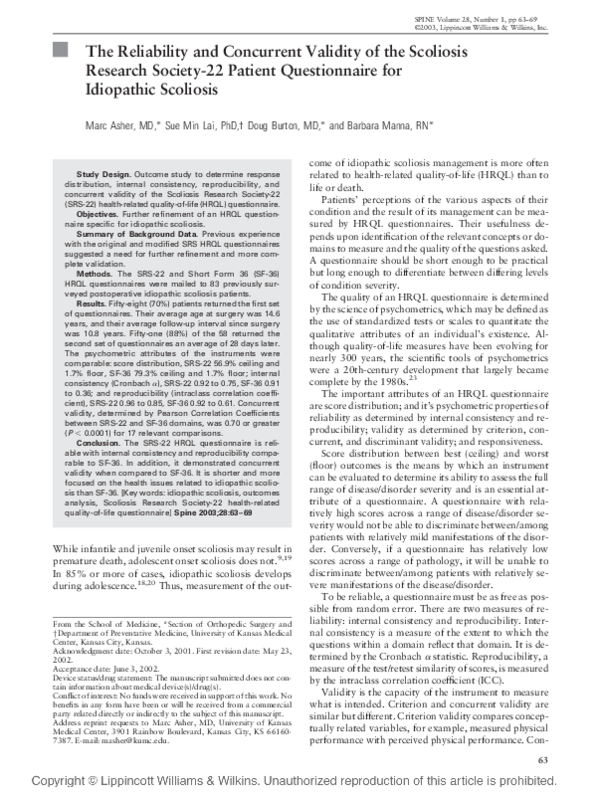 (PDF) The Reliability and Concurrent Validity of the Scoliosis Research ...