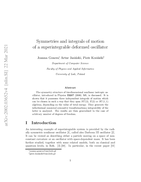(PDF) Symmetries and integrals of motion of the deformed oscillator