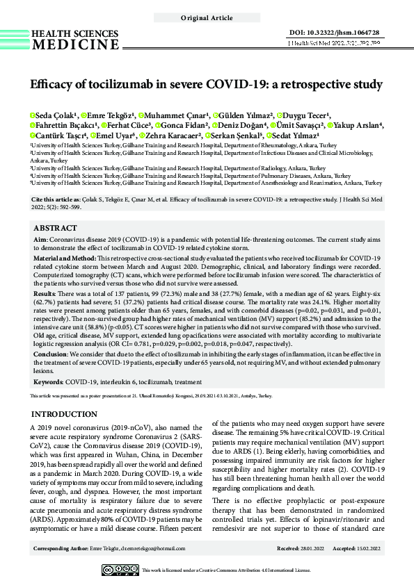 (PDF) Efficacy of tocilizumab in severe COVID-19: a retrospective study