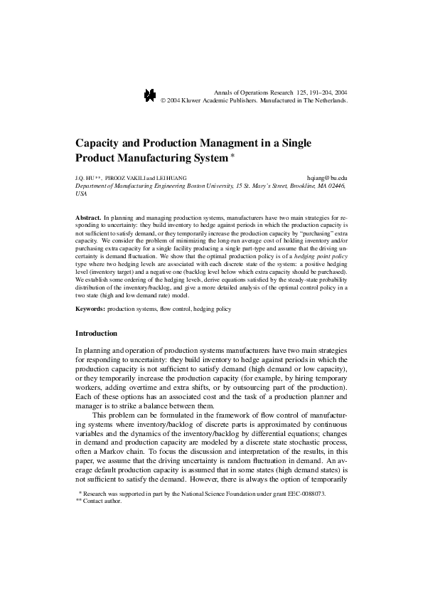 (PDF) Capacity and Production Managment in a Single Product ...