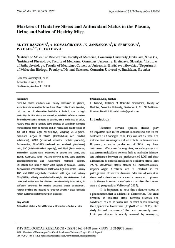 (PDF) Markers of Oxidative Stress and Antioxidant Status in the Plasma ...