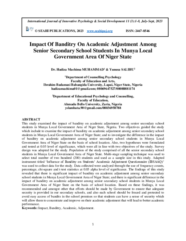(PDF) Impact Of Banditry On Academic Adjustment Among Senior Secondary ...
