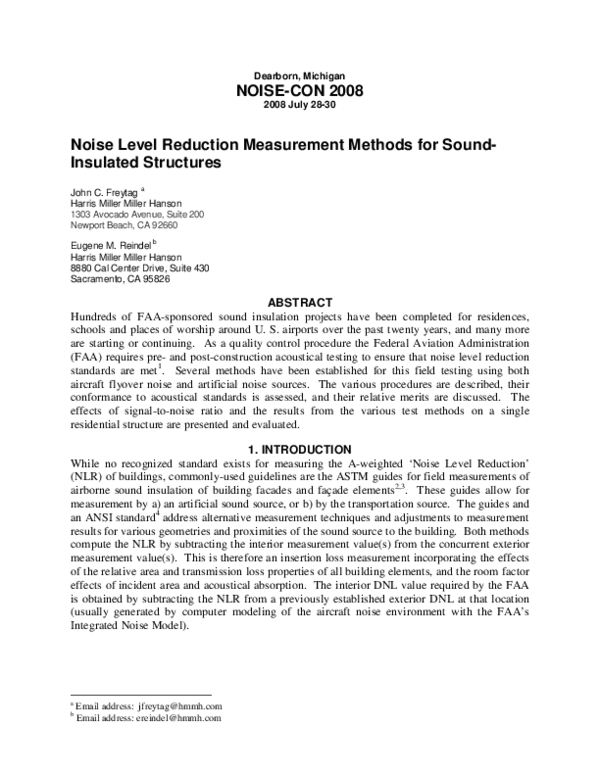 (PDF) Noise Level Reduction Measurement Methods for Sound-Insulated ...