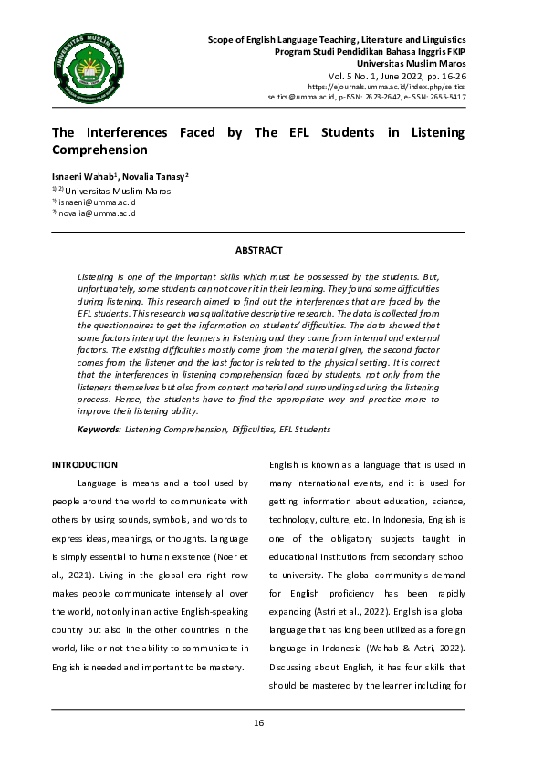 (PDF) The Interferences Faced by The EFL Students in Listening ...
