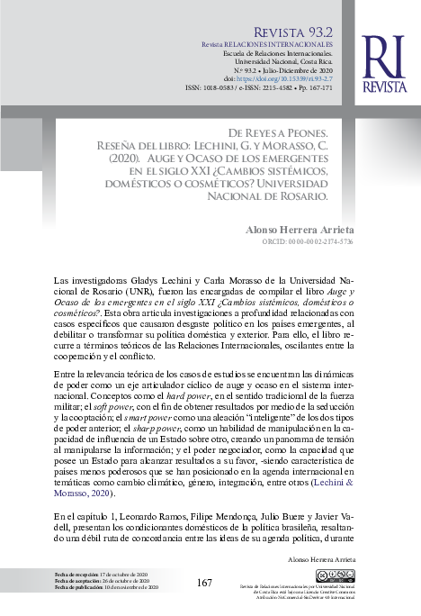 De Reyes a Peones. Reseña del libro: Lechini, G., y Morasso, C. (2020). Auge y Ocaso de los emergentes en el siglo XXI ¿Cambios sistémicos, domésticos o cosméticos? Universidad Nacional de Rosario.