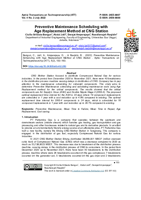 (PDF) Preventive Maintenance Scheduling with Age Replacement Method at ...