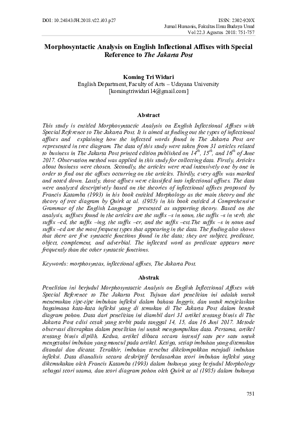 (PDF) Morphosyntactic Analysis on English Inflectional Affixes with ...
