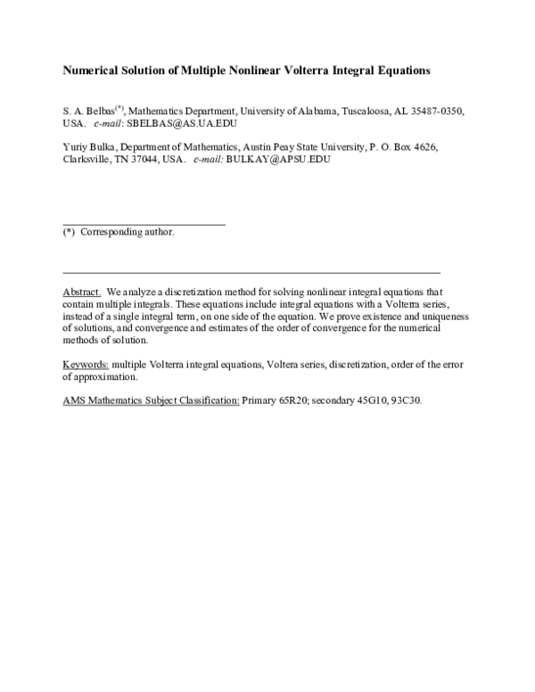 (PDF) Numerical solution of multiple nonlinear Volterra integral equations