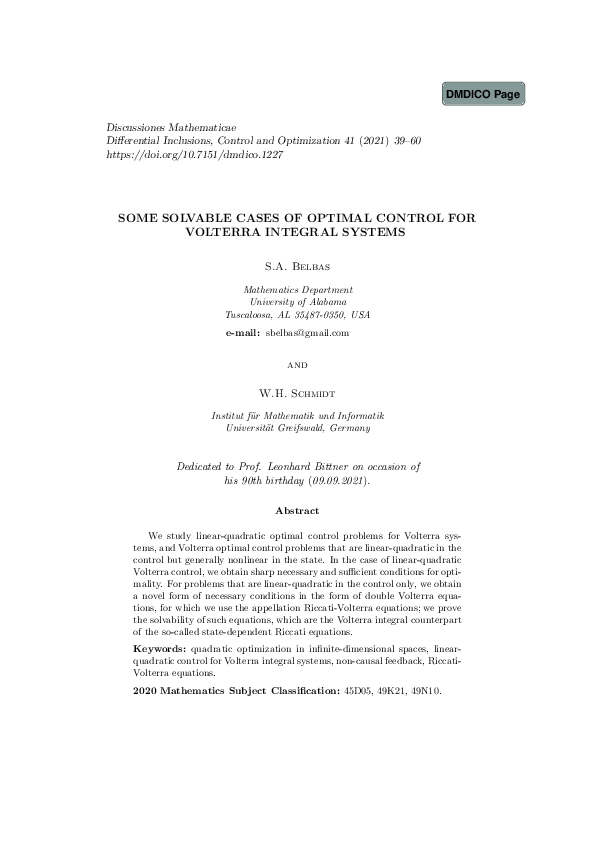 (PDF) Some solvable cases of optimal control for Volterra integral systems