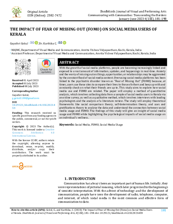 (PDF) THE IMPACT OF FEAR OF MISSING OUT (FOMO) ON SOCIAL MEDIA USERS OF ...