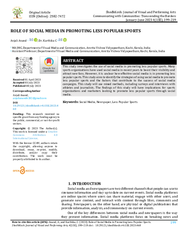 (PDF) ROLE OF SOCIAL MEDIA IN PROMOTING LESS POPULAR SPORTS