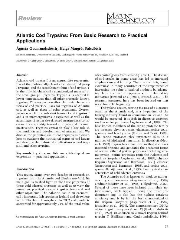 (PDF) Atlantic Cod Trypsins: From Basic Research to Practical Applications