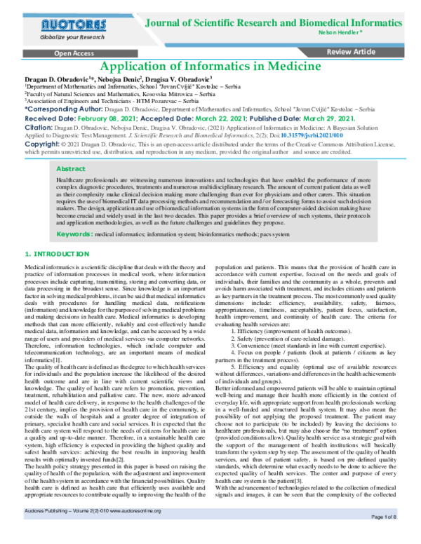 (PDF) Application of Informatics in Medicine