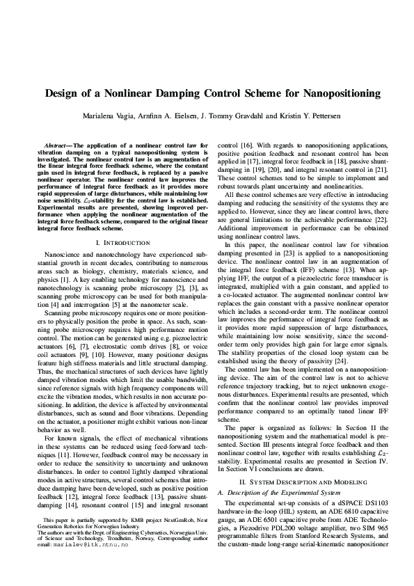 (PDF) Design of a nonlinear damping control scheme for nanopositioning