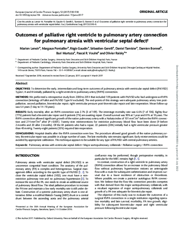 (PDF) Outcomes of palliative right ventricle to pulmonary artery ...