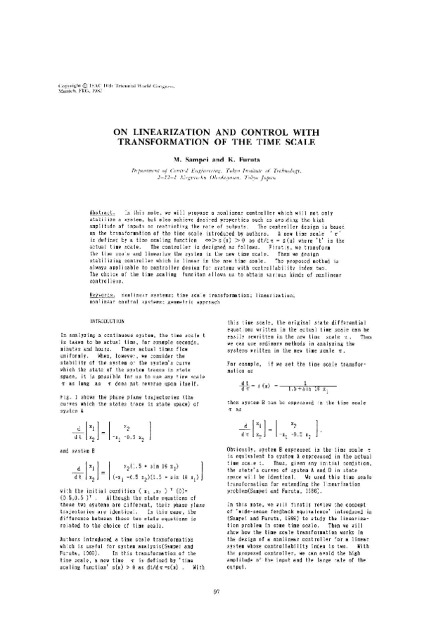 (PDF) On Linearization and Control with Transformation of the Time Scale