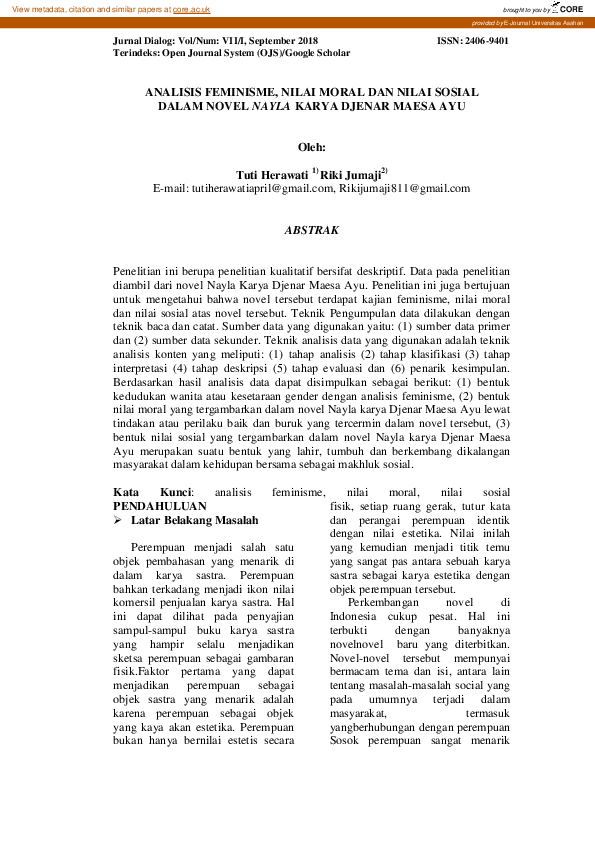 Pdf Analisis Feminisme Nilai Moral Dan Nilai Sosial Dalam Novel