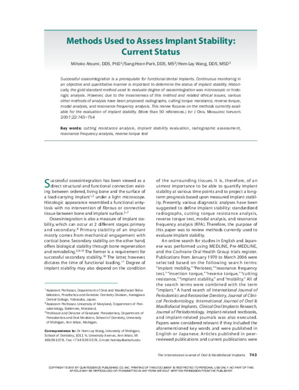 (PDF) Methods used to assess implant stability: current status