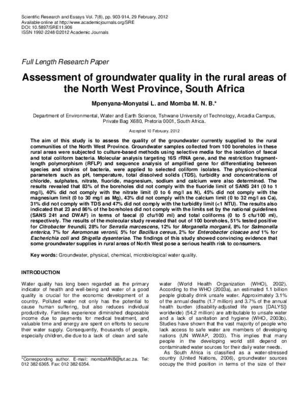 Pdf Assessment Of Groundwater Quality In The Rural Areas Of The North