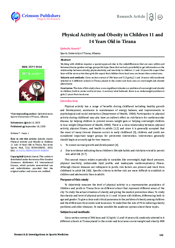 (PDF) Physical Activity and Obesity in Children 11 and 14 Years Old in ...