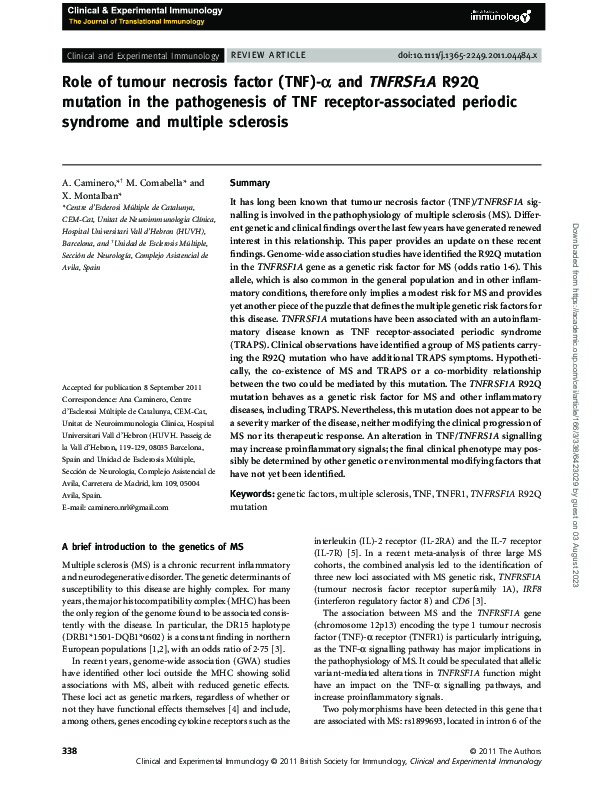 (PDF) Role of tumour necrosis factor (TNF)-α and TNFRSF1A R92Q mutation ...