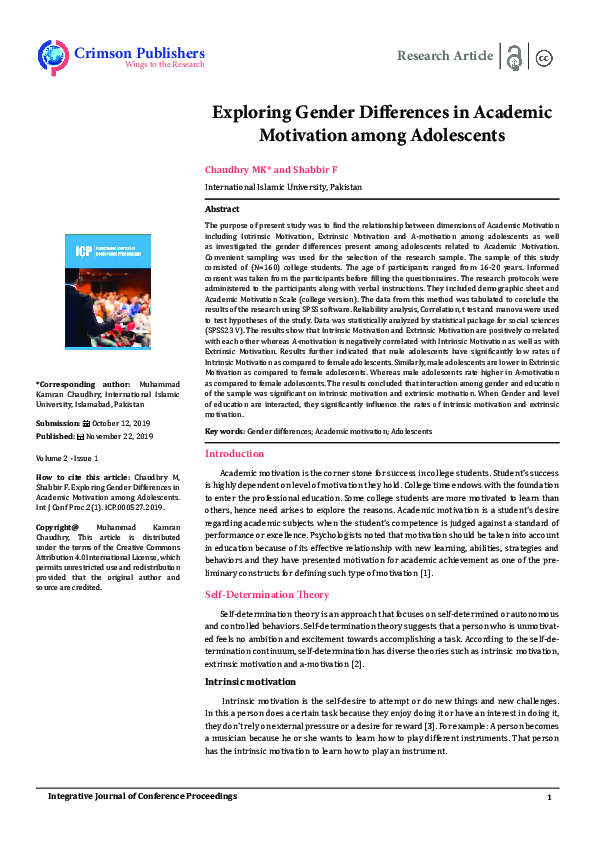 (PDF) Exploring Gender Differences in Academic Motivation among Adolescents
