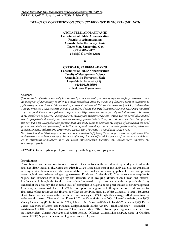 (PDF) Impact of Corruption on Good Governance in Nigeria (2011-2017)