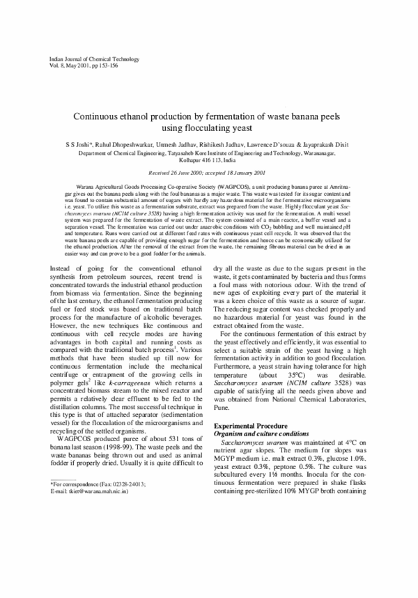 (PDF) Continuous ethanol production by fermentation of waste banana ...