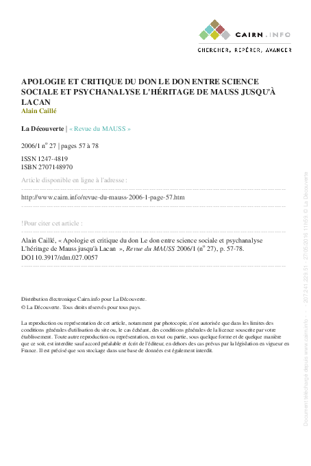 (PDF) Apologie et critique du don Le don entre science sociale et ...