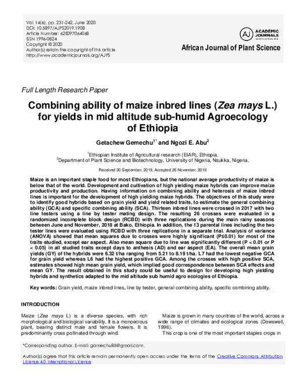 (PDF) Combining ability of maize inbred lines (Zea mays L.) for yields ...