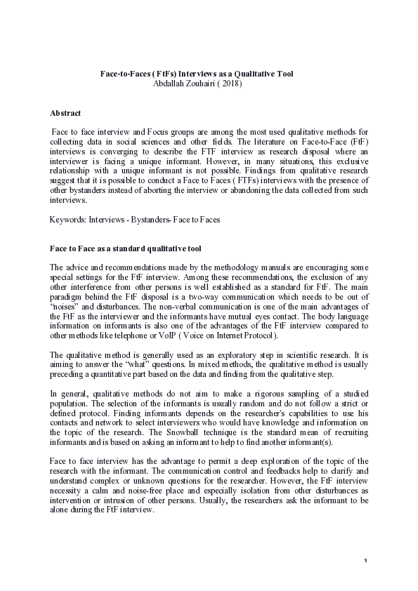 (PDF) Face-to-Faces ( FtFs) Interviews as a Qualitative Tool