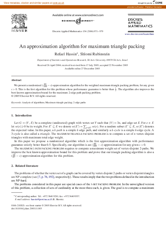 (PDF) An approximation algorithm for maximum triangle packing