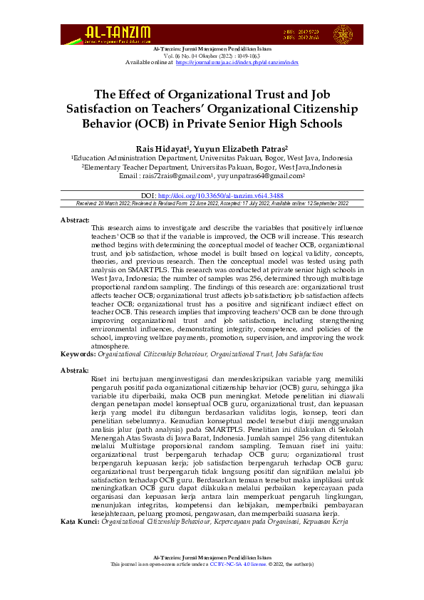 (PDF) The Effect of Organizational Trust and Job Satisfaction on ...