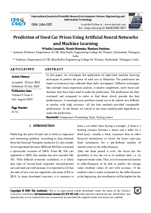 (PDF) Prediction of Used Car Prices Using Artificial Neural Networks ...