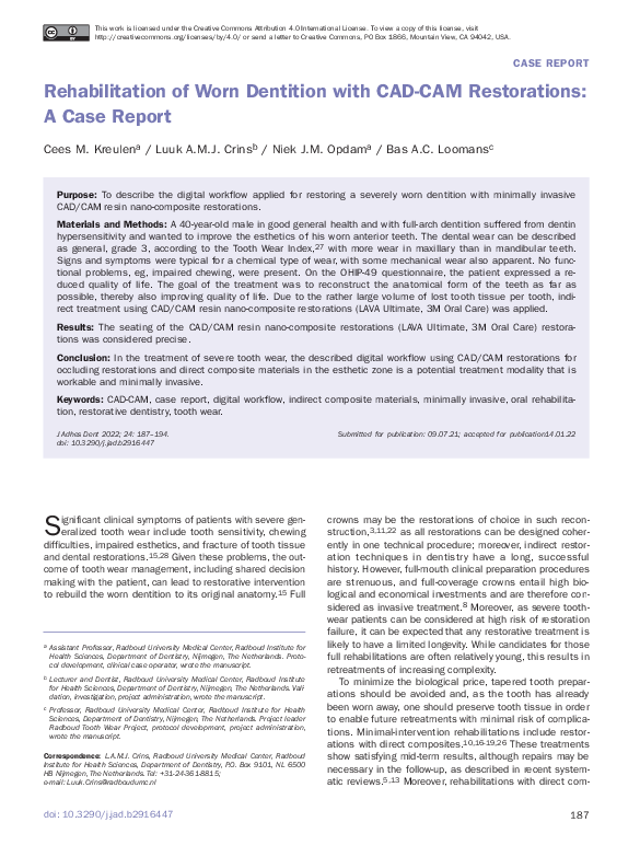 (PDF) Rehabilitation of Worn Dentition with CAD-CAM Restorations: A ...