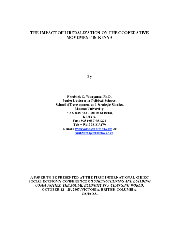(PDF) The Impact of Liberalization on the Cooperative Movement in Kenya