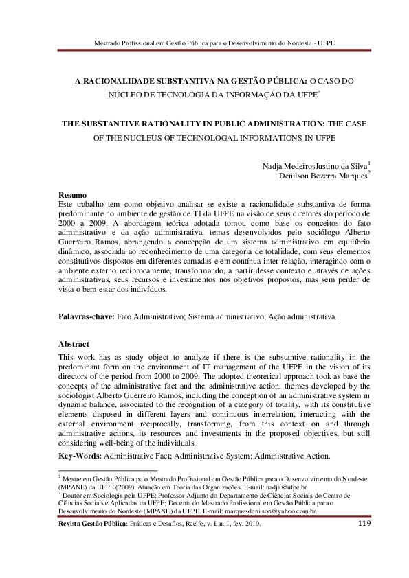 (PDF) A Racionalidade Substantiva Na Gestão Pública: O Caso Do Núcleo ...