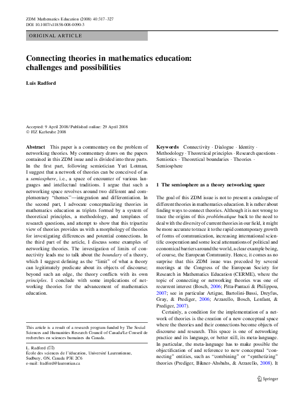 (PDF) Connecting theories in mathematics education: challenges and ...