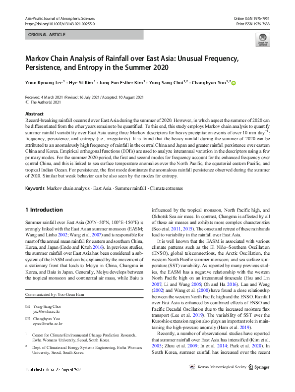 (PDF) Markov Chain Analysis of Rainfall over East Asia: Unusual ...