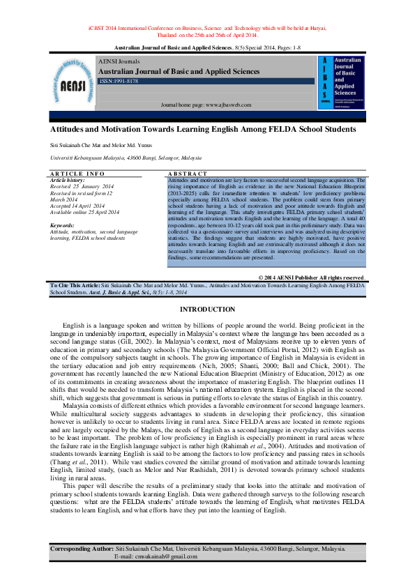 (PDF) Attitudes and Motivation Towards Learning English Among FELDA ...